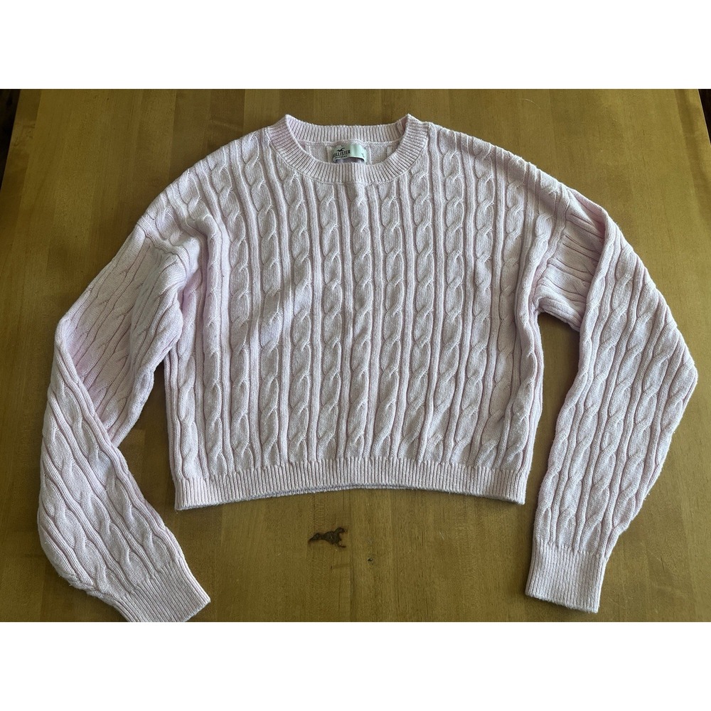 Hollister Cable Knit Sweater Women's Small Pink‎ Cropped Crew Neck Baby Pink
